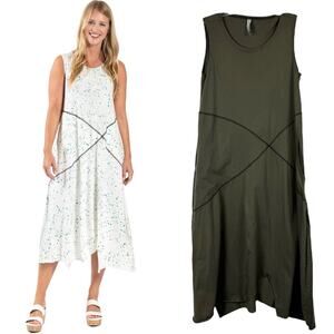 Cynthia Ashby Marin Lagenlook Oversized Sleeveless Shark Hem Midi Dress Green XS